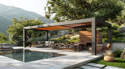 Nature's Retreat - A modern pergola nestled in a lush garden, the perfect blend of luxury design and natural serenity for relaxation.