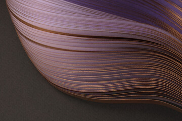Gold bronze, violet  color strip gradient wave paper on black. Abstract texture background.