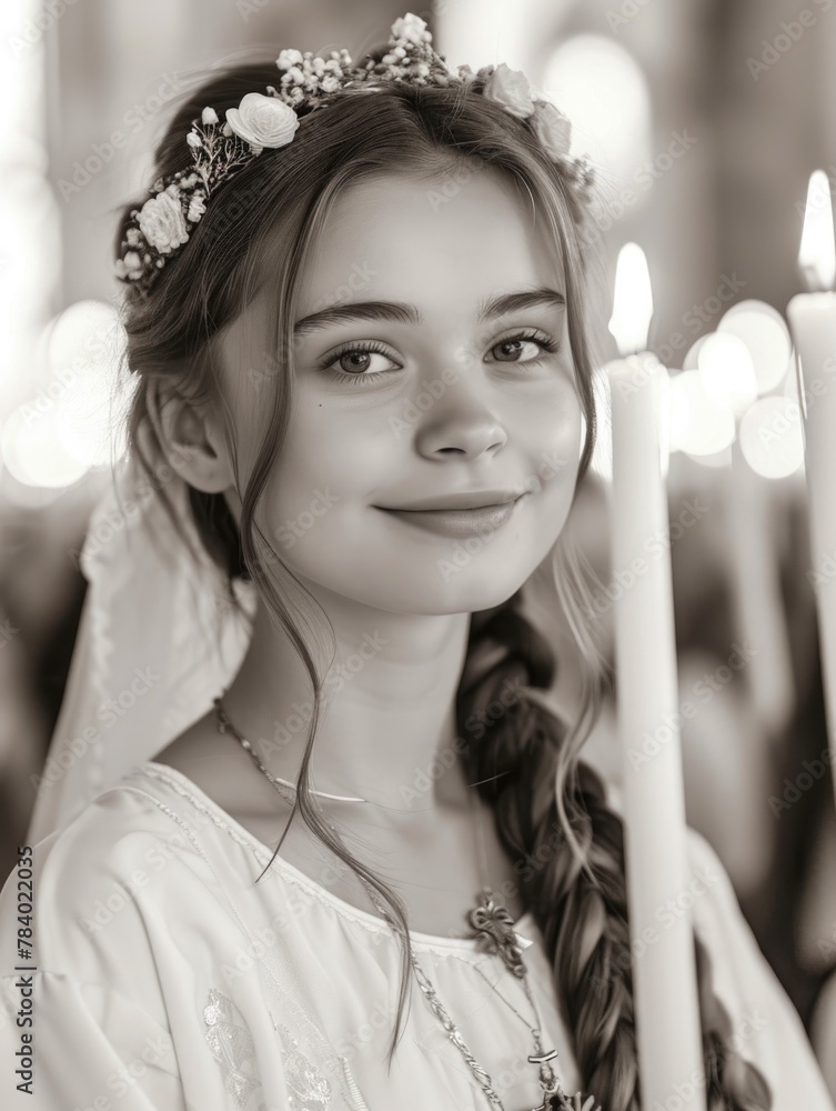 Wall mural first communion joy: heartwarming moments of young believers in white dresses, celebrating this sacr