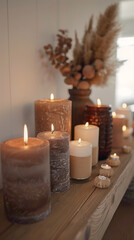 Fototapeta na wymiar Macro shot of a collection of decorative candles on a mantel, scandinavian style interior