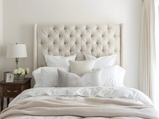 Fototapeta premium Tranquil and Elegant Upholstered Headboard in Inviting Bedroom Interior