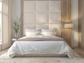 Fototapeta na wymiar Tranquil and Sophisticated Bedroom with Textured Upholstered Headboard and Minimalist Design