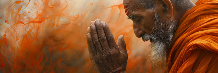 An Indian monk in orange robes with hands clasped in a gesture of prayer, emanating peaceful contemplation. - obrazy, fototapety, plakaty