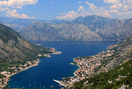 high mountains in Montenegro. Beautiful Kotor Bay and old city Kotor in summer. Full top view boka kotorska