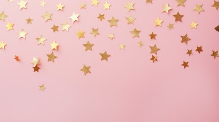 Gold star confetti on a pink background with space for text. Banner, poster, ai