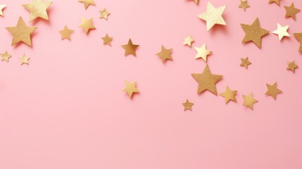 Gold star confetti on a pink background with space for text. Banner, poster, ai