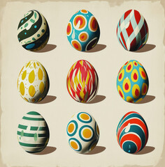 Fototapeta premium Colorful Vintage Easter Eggs Illustration with Floral Patterns and Rustic Texture, Easter Holiday Decorative Background Artwork