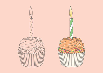 Birthday cupcake with birthday candle and confectionery sprinkles. isolated image of a sweet dessert