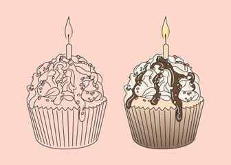 Birthday cupcake with candle and chocolate icing. isolated image of a sweet dessert