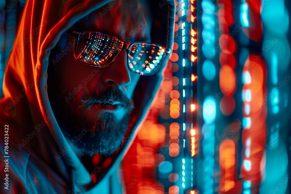 Poster portrait of bearded male hacker in hoodie and sunglasses against neon lights background. cyber secur