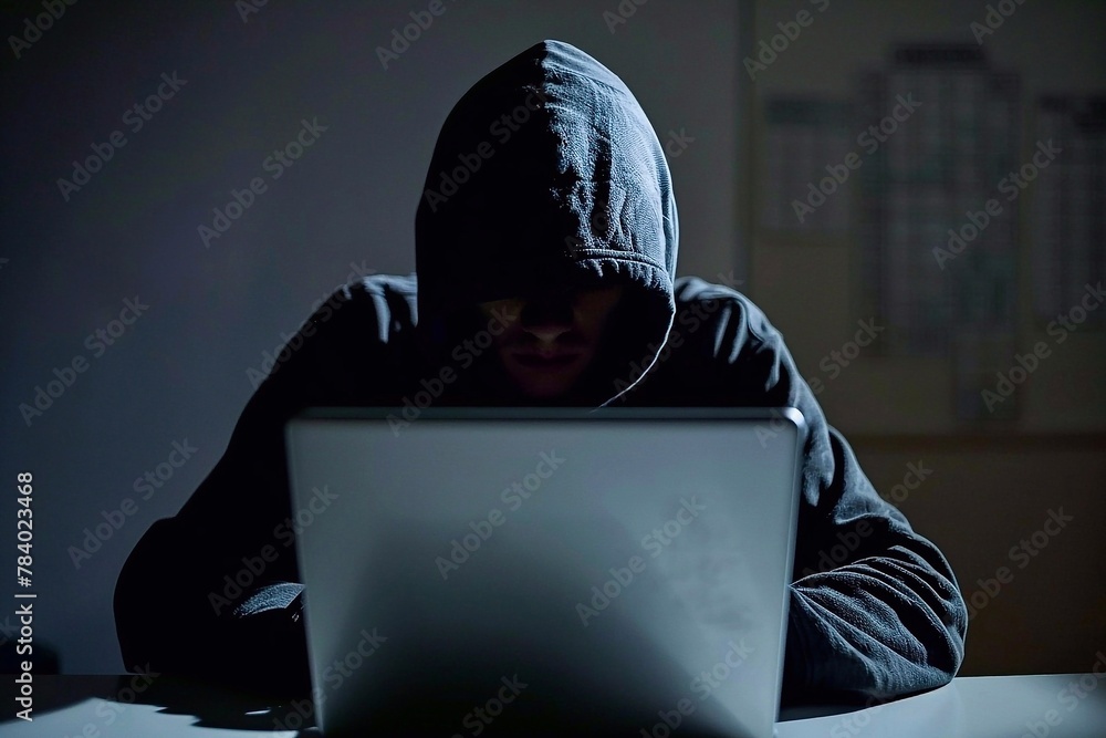 Poster hooded hacker stealing information from a laptop computer in dark room. cybercrime concept.