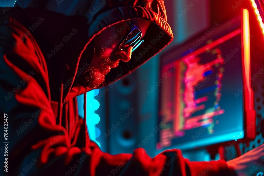 Poster hooded hacker in hoodie stealing information from computers at night. cyber attack concept.