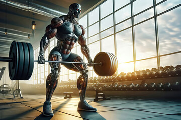 A muscular robot in the gym lifts a barbell with a lot of weight.