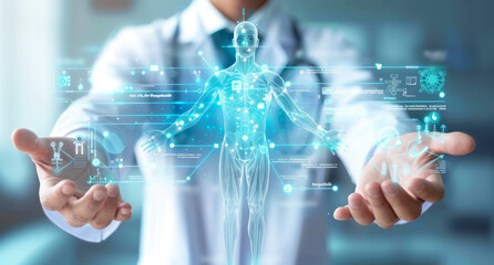 Doctor with blue holographic body scan interface