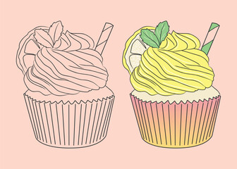 Lemon cupcake with frosting, lemon slice and mint. vector isolated food illustration