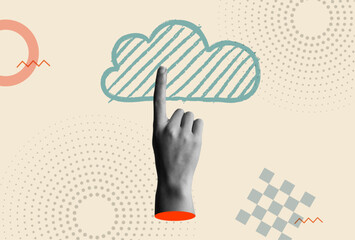 Cloud computing icon and human hands in retro collage vector illustration - obrazy, fototapety, plakaty