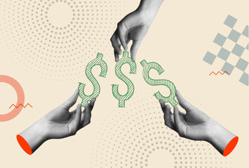Crowdfunding concept with money icon and hands in retro collage vector illustration - obrazy, fototapety, plakaty