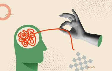 Mental health concept and human hand in retro collage vector illustration - obrazy, fototapety, plakaty