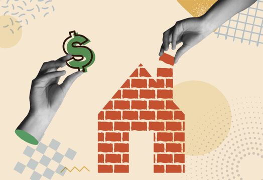 Real estate financing with hands in retro collage vector illustration