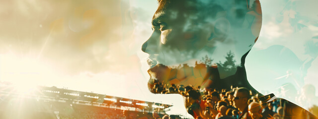 A captivating double exposure blends the intensity of a soccer player with the euphoria of the crowd. Copy space. - obrazy, fototapety, plakaty