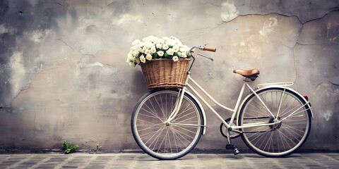 minimalism, vintage bicycle near the gray wall, wheels and white flowers in a basket. generated by AI