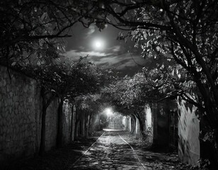 Black and white image of a dark alley under a full moonlight generated with wines and tress on the sides