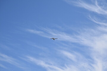 Single Engine Airplane in a Cloudy Blue Sky