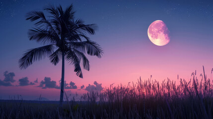 Super harvest pink moon and silhouette coconut tree in the field and night sky