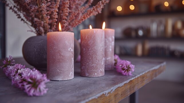  Two pink candles atop a table, adjacent to a vase with flowers