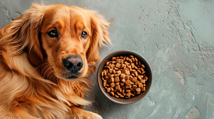 Top view of a cute retriever dog lying on a gray isolated background next to a bowl of dry food.