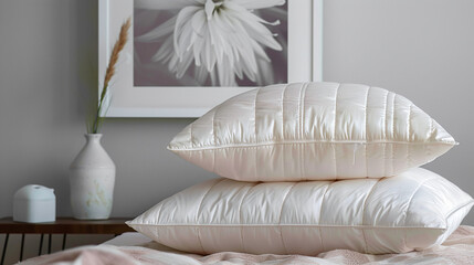 white pillows on linnen, modern minimalist bedroom, linnen hotel service