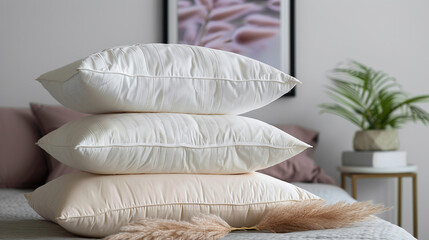 Fototapeta na wymiar white pillows on linnen, modern minimalist bedroom, linnen hotel service