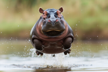 A baby hippo is flying through the air. Concept of freedom and playfulness, as the young animal leaps into the air with its head held high. flying hippo