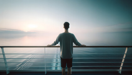 Homme méditant sur le pont d'un bateau face à l'océan infini