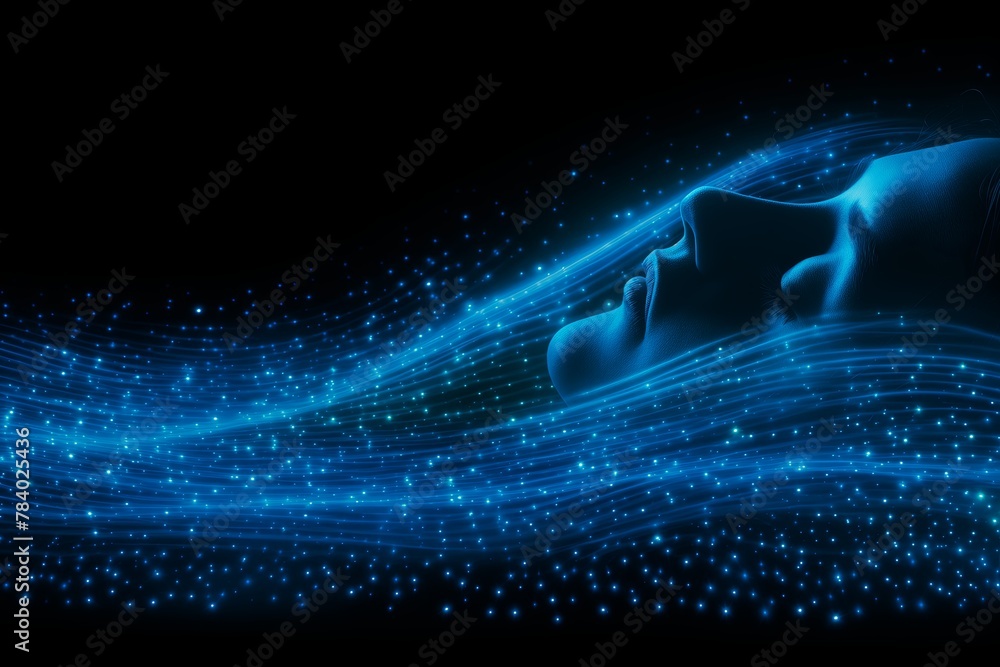 Poster Futuristic blue wave background. A digital design featuring dynamic curves and neon lights, creating