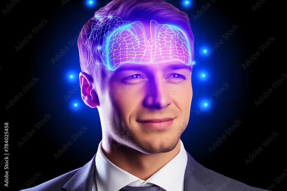 Poster futuristic man merging with technology, symbolizing the fusion of human intelligence and ai.