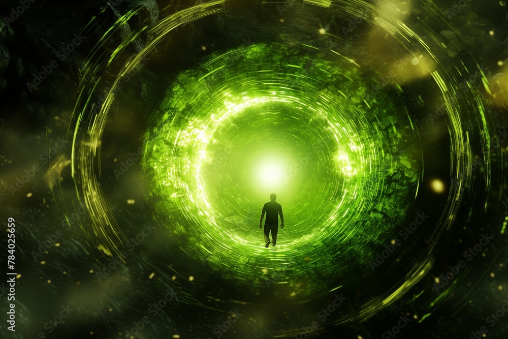Poster Man in a futuristic tunnel of light and dark, a portal to another dimension. The abstract concept of