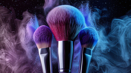 close-up of makeup brushes with purple and blue blush powder on black background, commercial or advertising shot - obrazy, fototapety, plakaty
