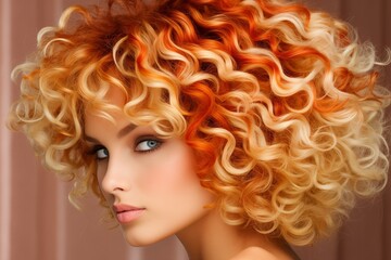 Fototapeta premium Portrait of a young redhead woman with curly hair, showcasing beauty and glamour. Fashion model with