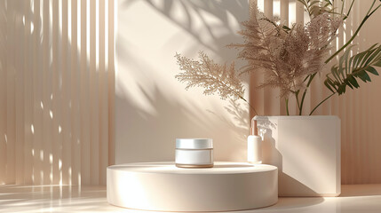 elegant minimalist blank cream jar on podium, beige color palette, still life or commercial photography