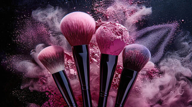close-up of makeup brushes with pink blush powder on black background, commercial or advertising shot