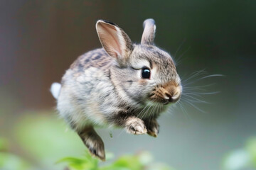 Fototapeta premium A small brown rabbit is running through a field of grass. The rabbit is in motion, the grass is green and lush. is peaceful and serene, with the rabbit enjoying its time in the outdoors. flying rabbit