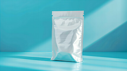 Glossy white soft plastic bag mockup. Isolated on blue background (Generative AI)