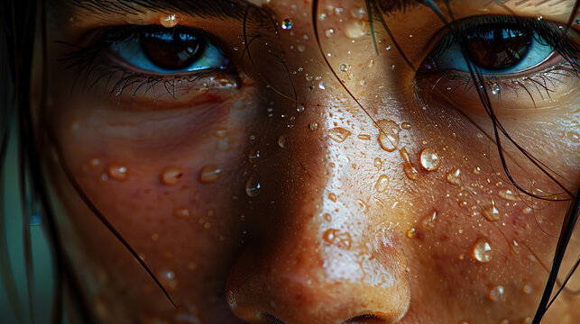 Close-up of an indonesian young woman's face under rainy weather (Generative AI)
