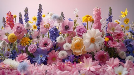   A collection of blooms situated in a field filled with pink, blue, yellow, and white blossoms - obrazy, fototapety, plakaty