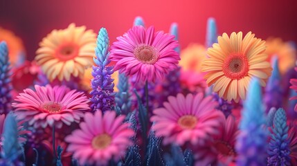  pink and yellow centers, encircled by purple and yellow petals against a deep red backdrop - obrazy, fototapety, plakaty