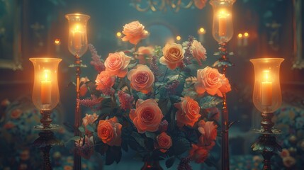   A table top bears a vase filled with numerous pink roses and two lit candles