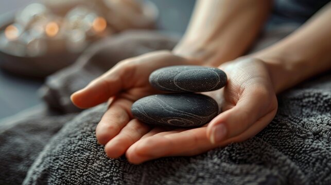 persons back draped in a soft towel, the masseuses hands holding smooth, warm stones