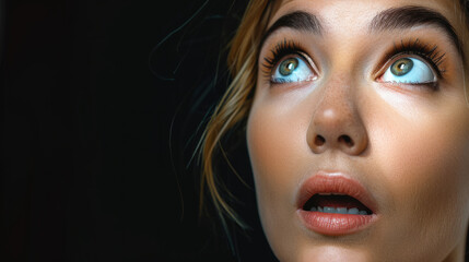 A woman with green eyes and blonde hair is looking up at the camera. She has a surprised expression on her face. Woman's face which looks sideways in happily amazement. eyes directed to the right.