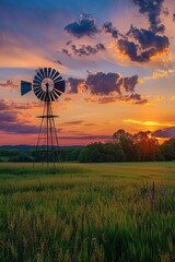 A panorama of a lush green meadow at sunset, with a rustic windmill silhouetted against the colorful sky